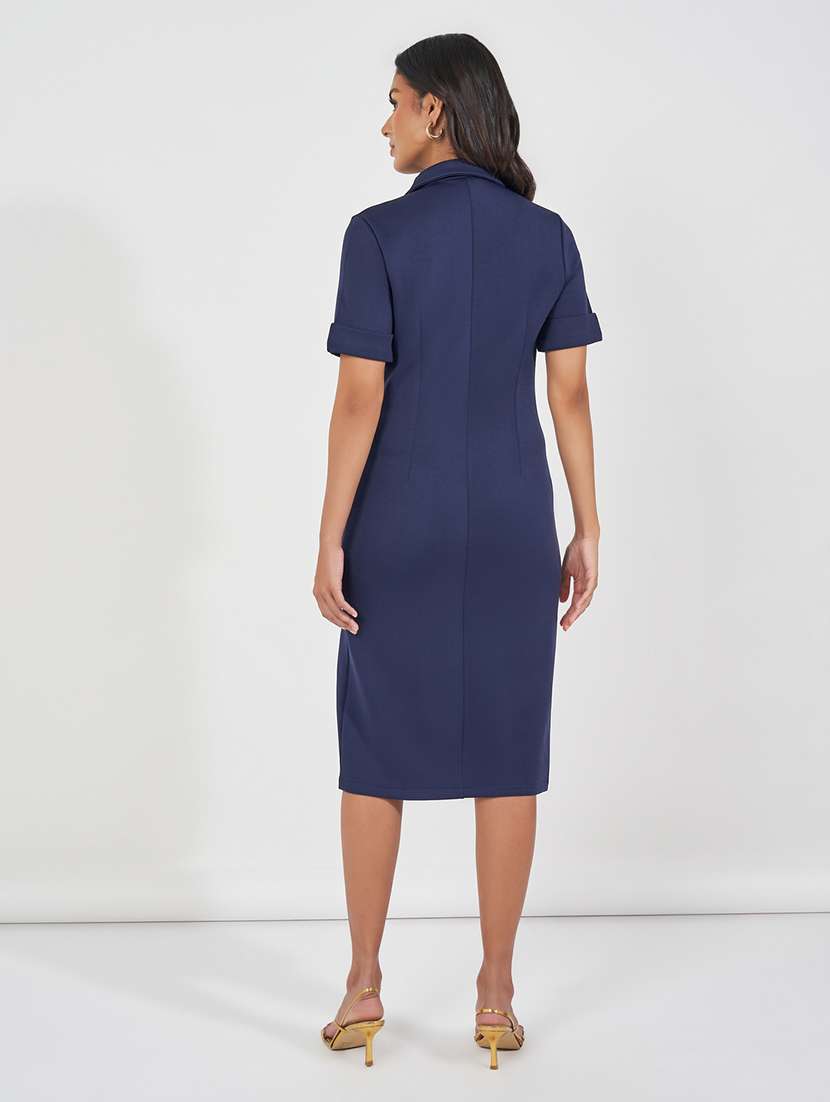 women navy blue solid short sleeve coat dress - 21618084 -  Standard Image - 2