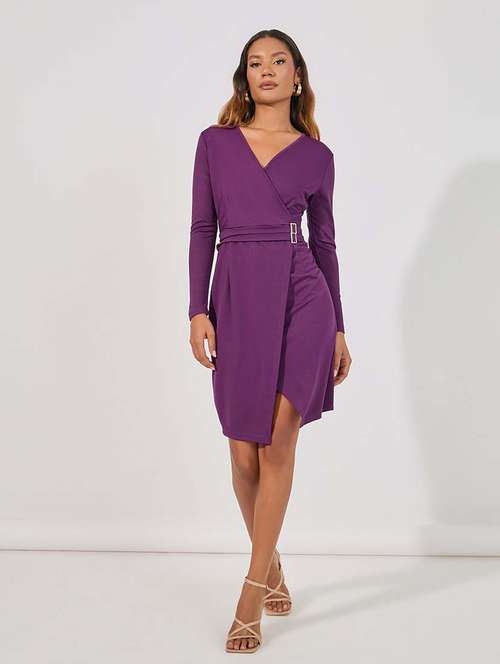 women purple solid wrap dress - 21618106 - Standard Image - 0