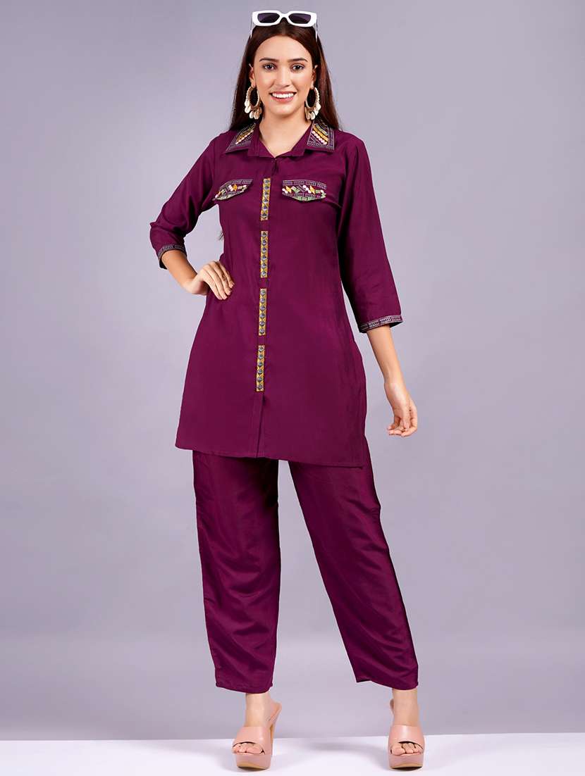 women purple embroidered ethnic co-ord set