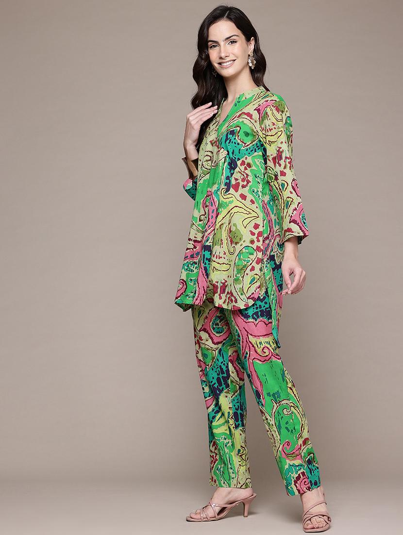 women printed mandarin neck co-ord sets - 21618611 - Standard Image - 2