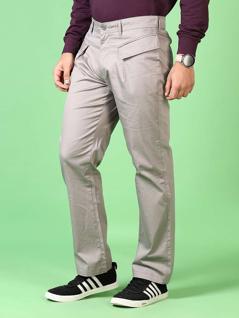 men grey solid flat front casual trouser - 21620628 -  Standard Image - 2