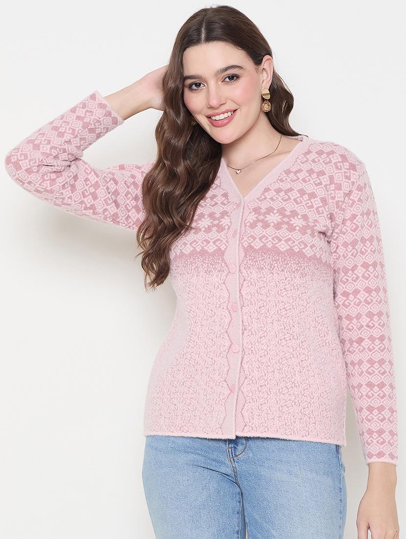 women self design pink woolen cardigan - 21620839 - Zoom Image - 0