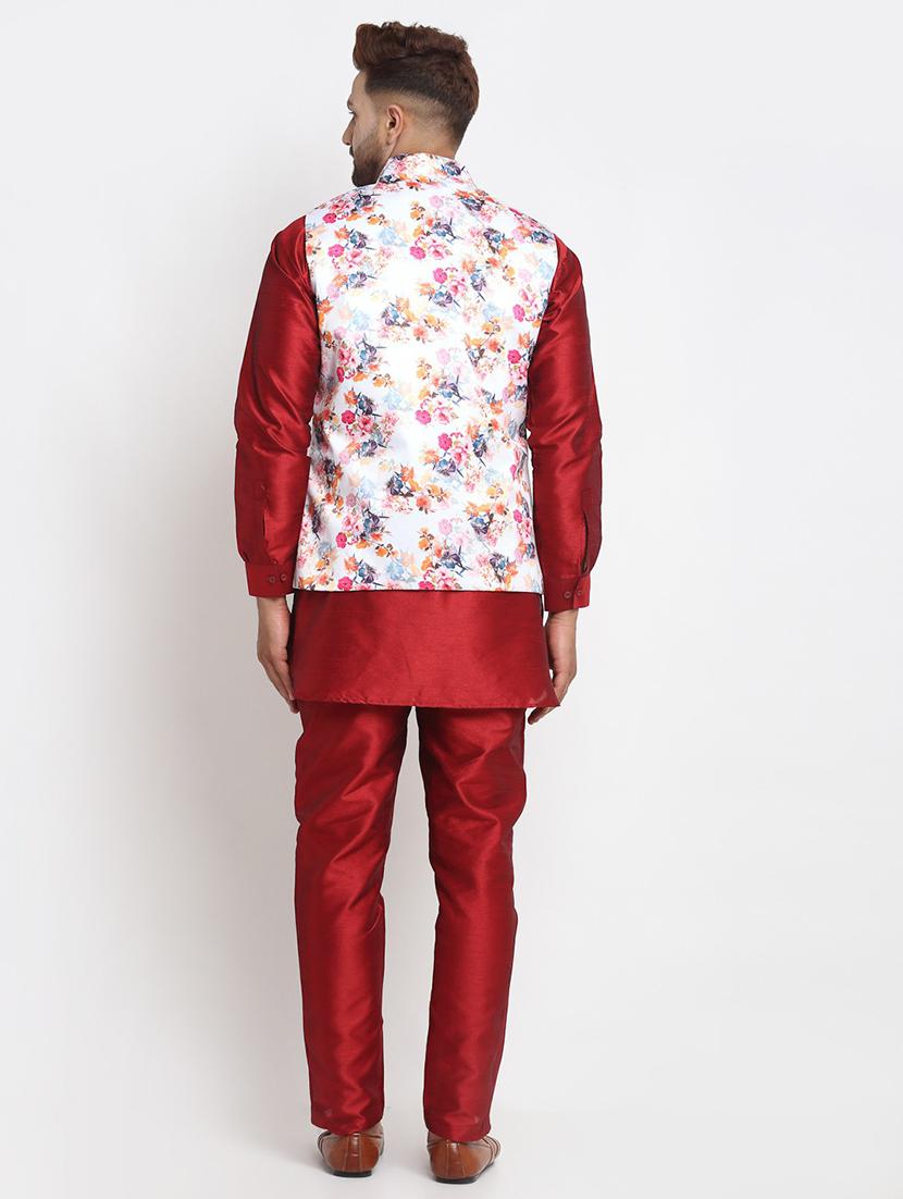 maroon silk blend kurta pyjama with jacket ethnic wear set - 21621380 - Standard Image - 2
