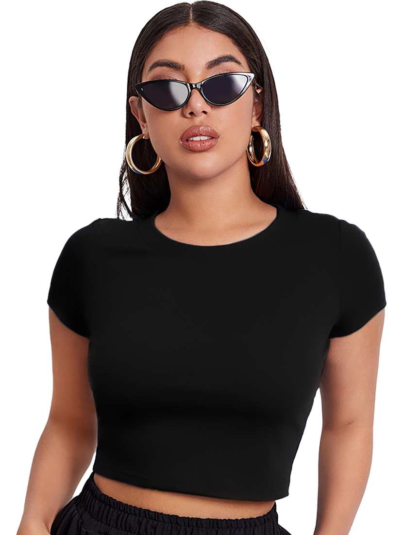 women solid short sleeve crop top - 21622058 -  Zoom Image - 0