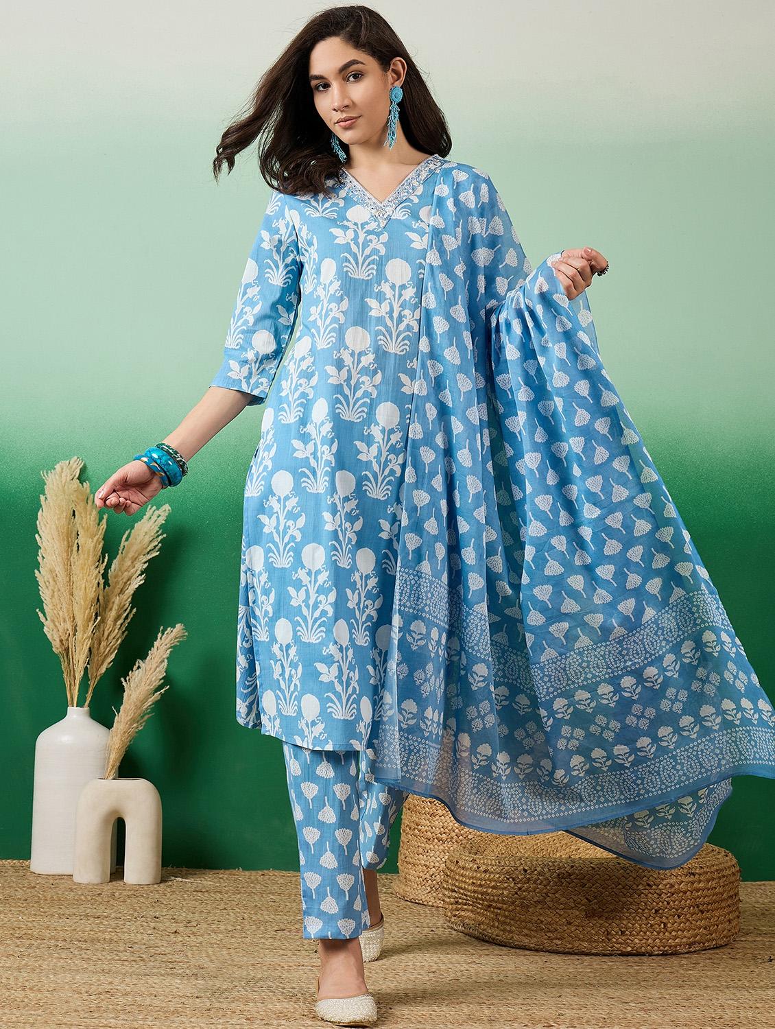 women three quarter sleeve kurta pant with dupatta set - 21622519 - Zoom Image - 0