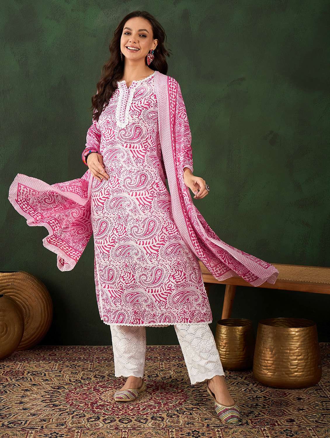 women three quarter sleeve kurta pant with dupatta set