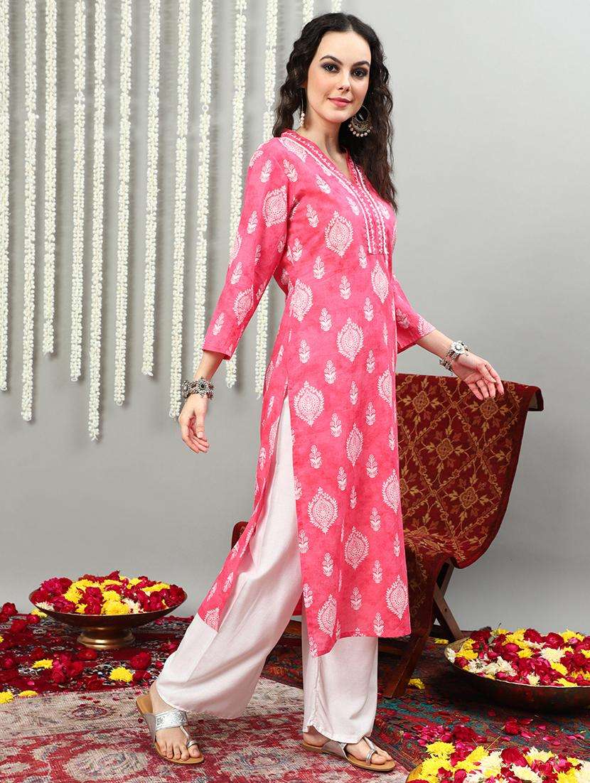 women three quarter sleeve straight kurta - 21622726 -  Standard Image - 2