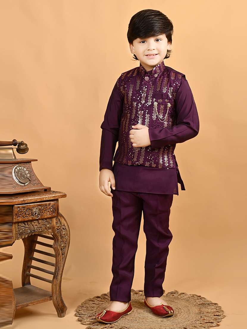 boys solid with work mandarin neck ethnic wear set