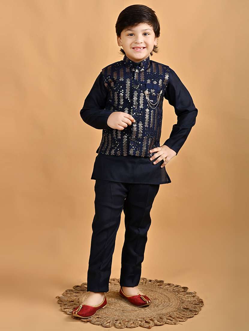 boys solid with work mandarin neck ethnic wear set