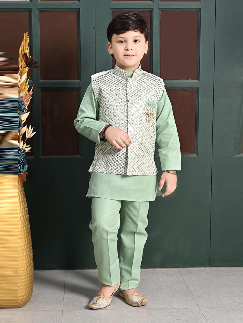boys solid with work mandarin neck ethnic wear set