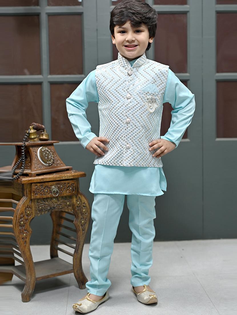 boys solid with work mandarin neck ethnic wear set