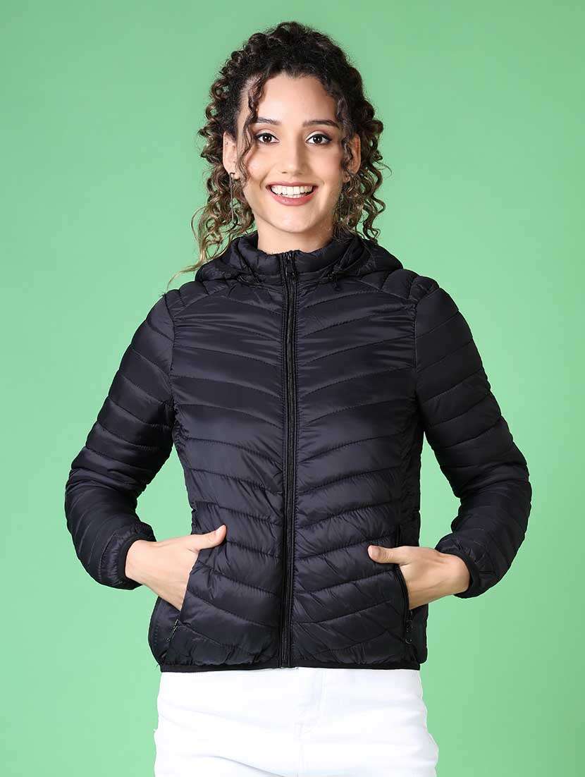 women solid long sleeve quilted jacket