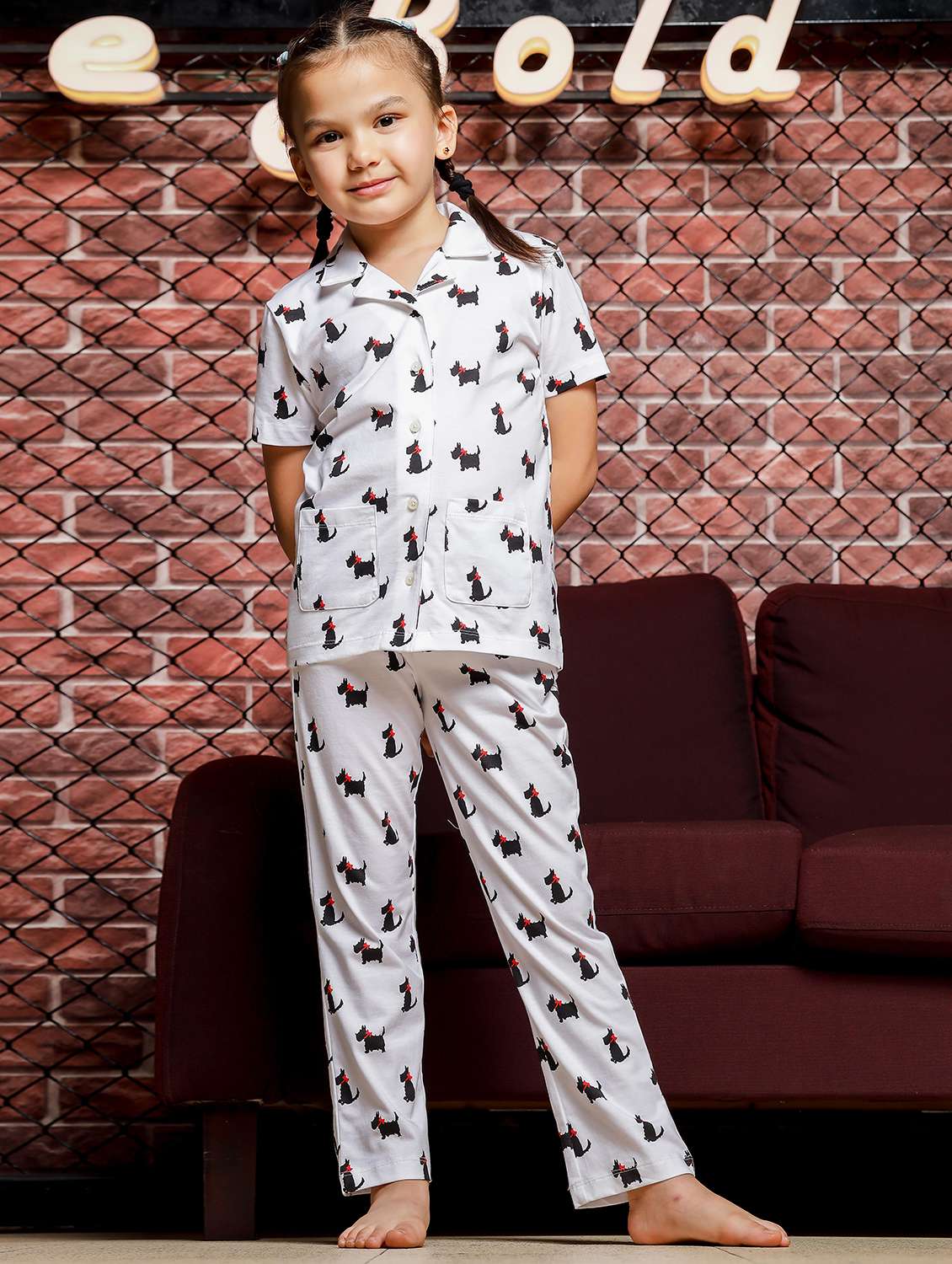 girls printed collared pyjama set - 21624678 - Standard Image - 2