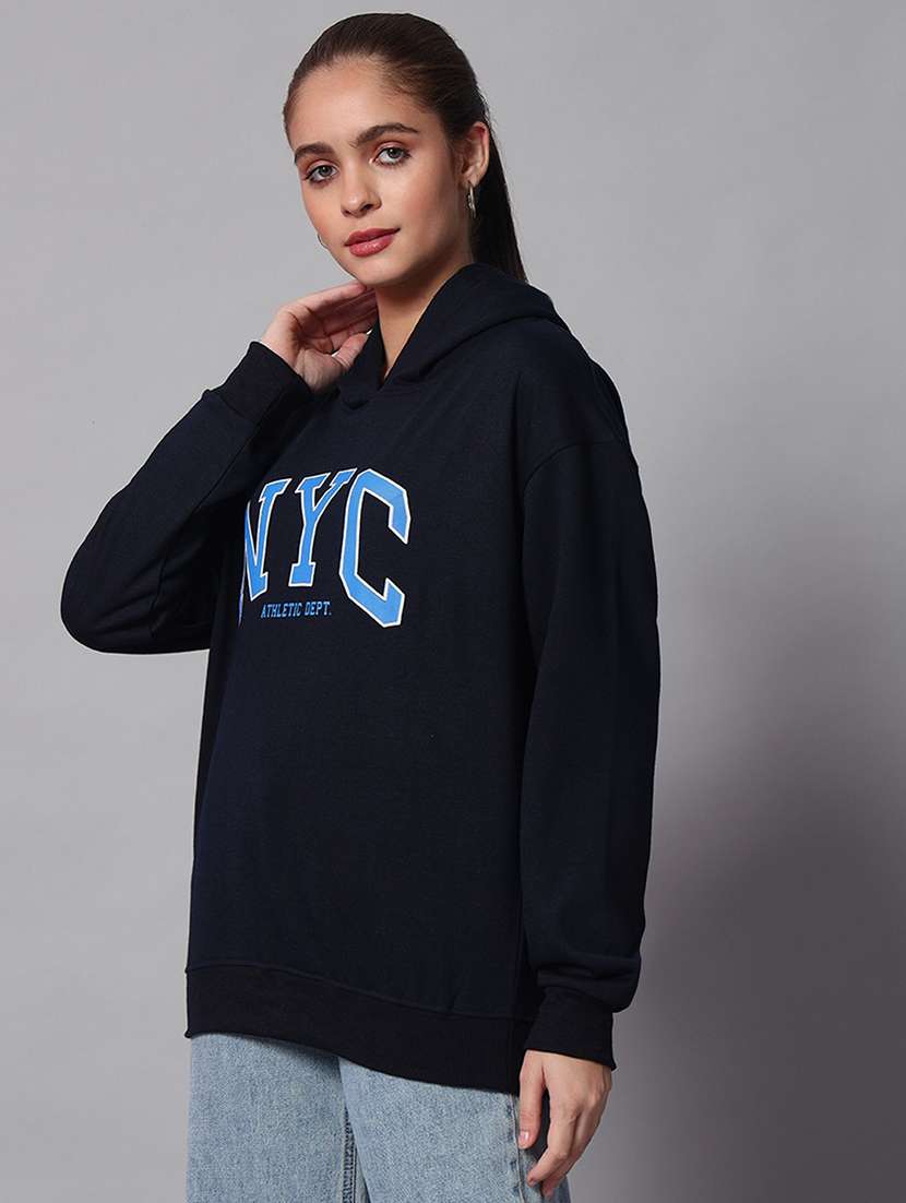women typographic hood neck oversized long sleeve sweatshirt
