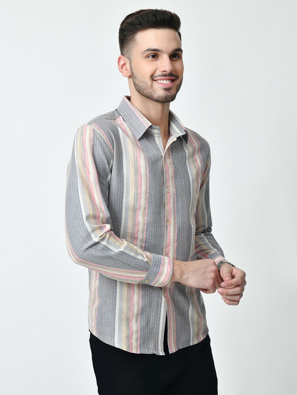 men grey vertical stripes casual shirt - 21626672 - Standard Image - 2