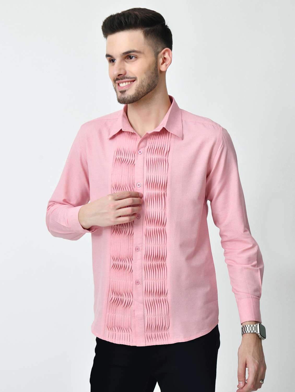 men pink regular fit plain pleated shirt