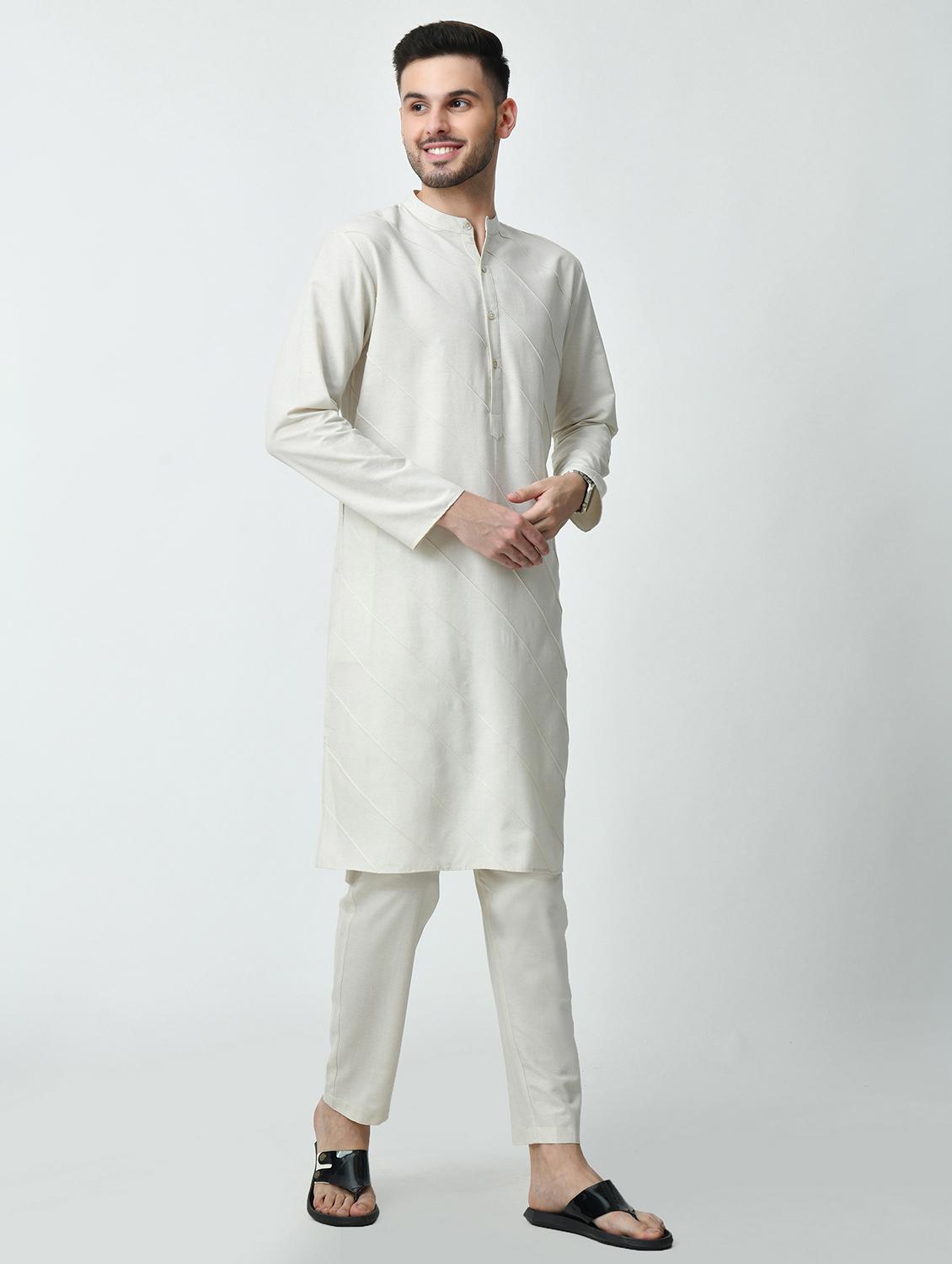 men regular fit mandarin neck solid long kurta - 21627052 - Standard Image - 2