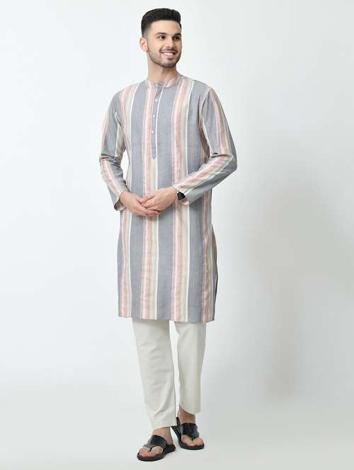 men regular fit mandarin neck striped long kurta 