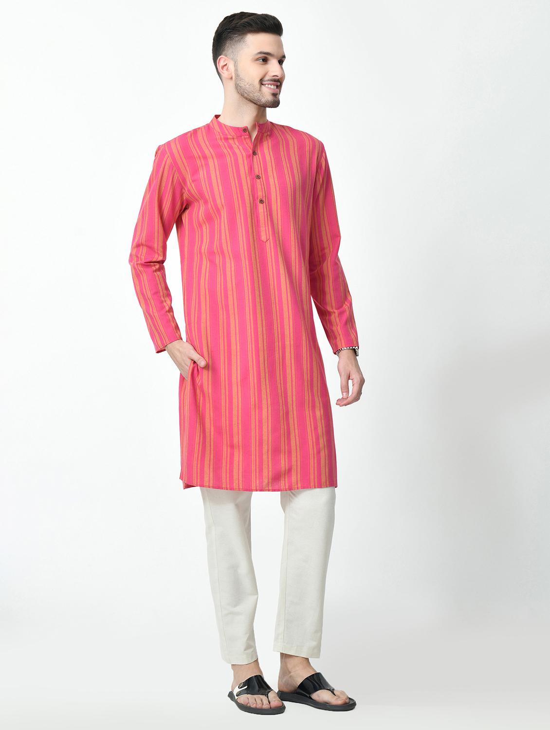 men regular fit mandarin neck striped long kurta - 21627057 - Standard Image - 2