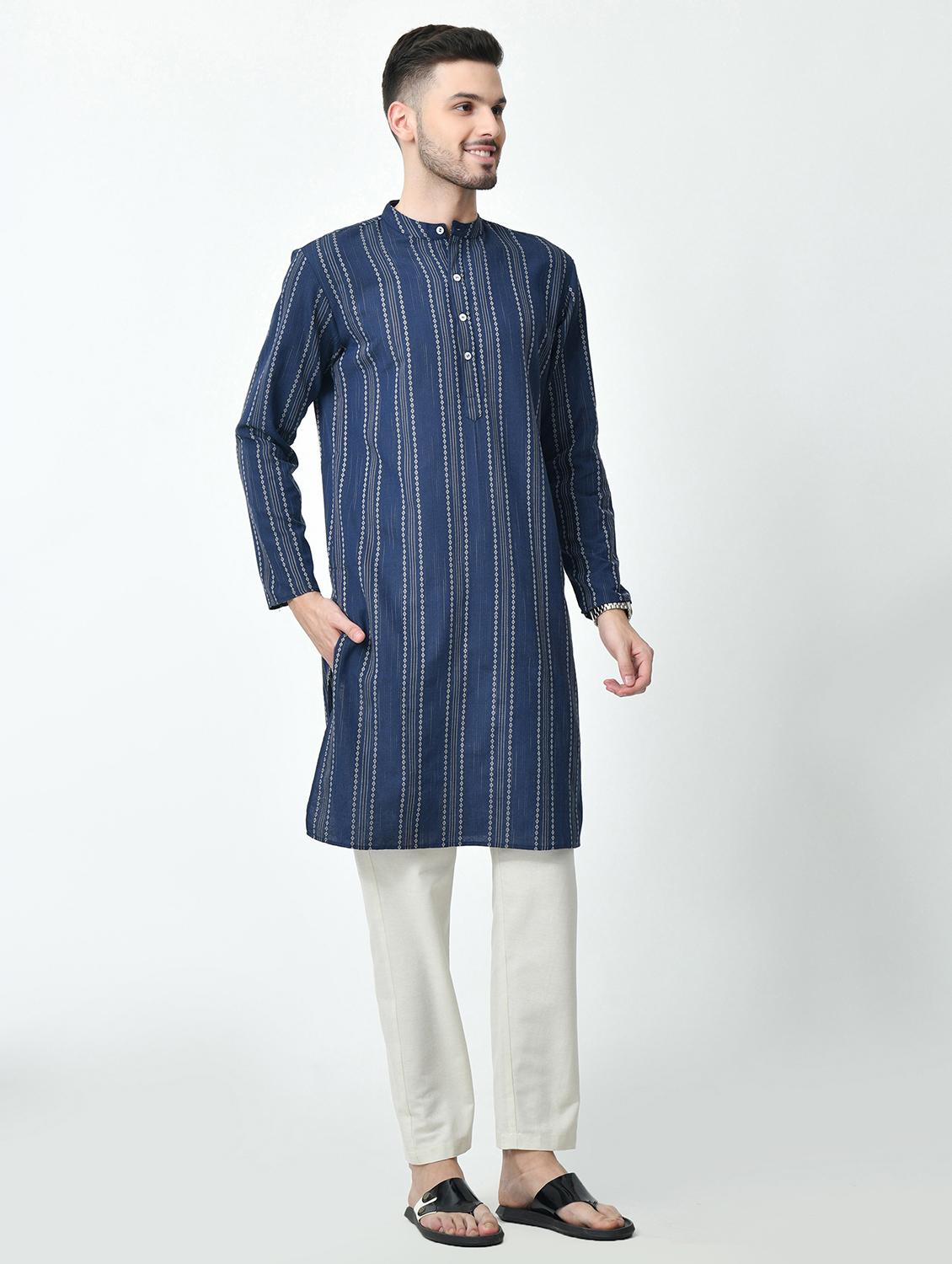 men regular fit mandarin neck striped long kurta - 21627058 - Standard Image - 2