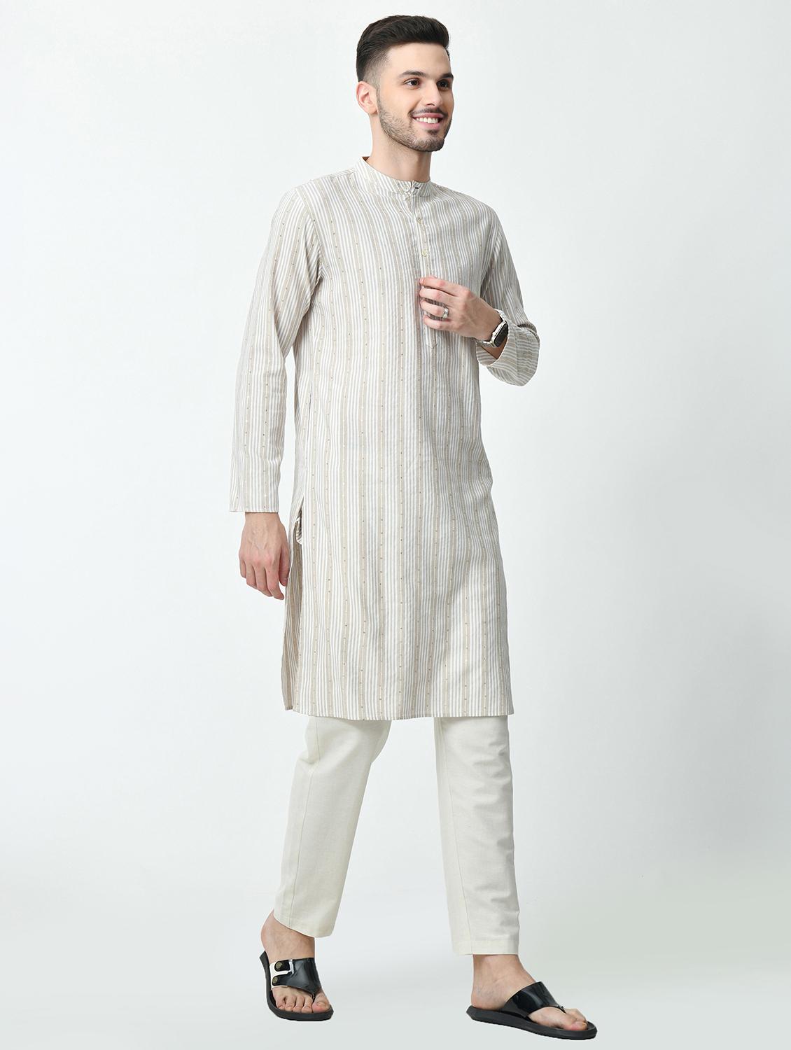 men regular fit mandarin neck striped long kurta - 21627059 - Standard Image - 2