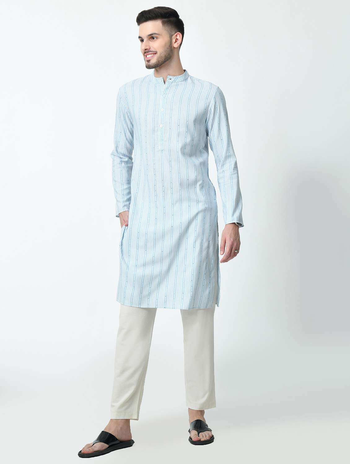 men regular fit mandarin neck striped long kurta with sequins work - 21627060 -  Standard Image - 2