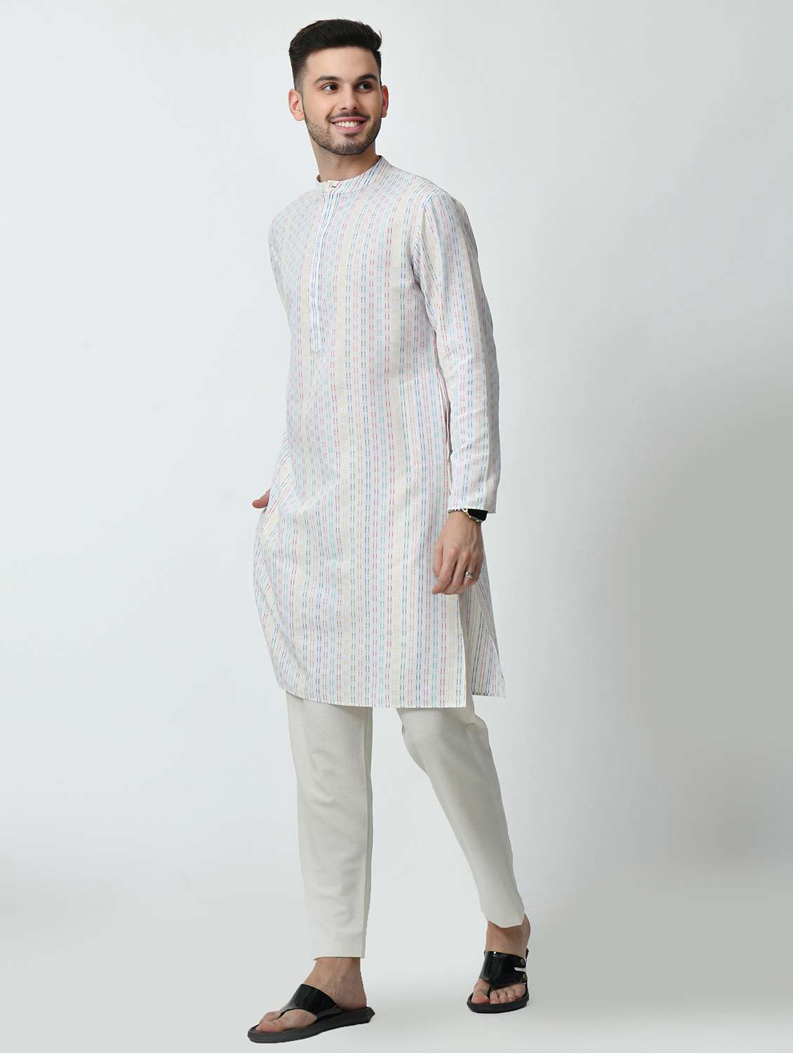 men regular fit mandarin neck self design long kurta - 21627062 - Standard Image - 2