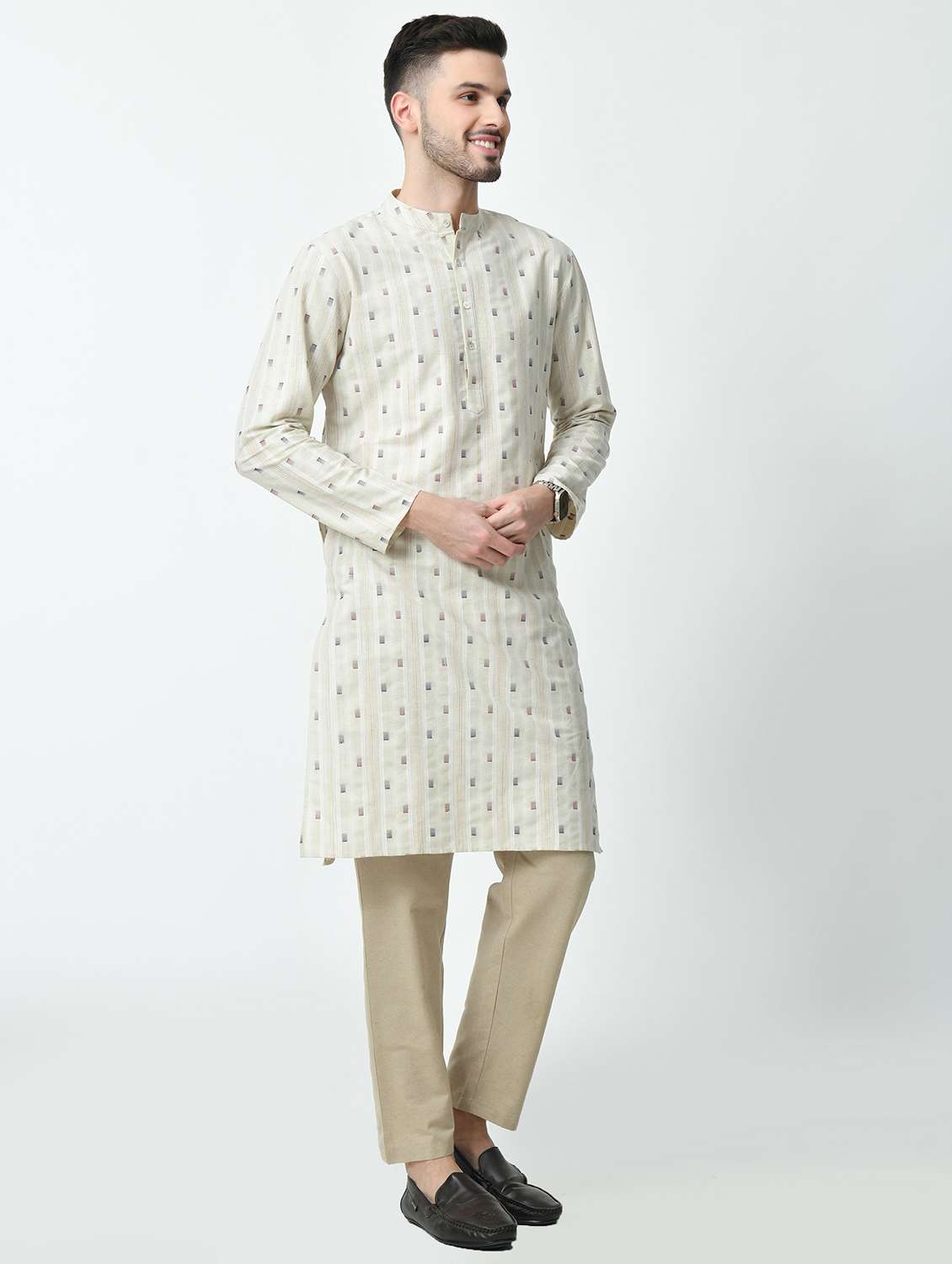 men regular fit mandarin neck self design long kurta - 21627063 - Standard Image - 2