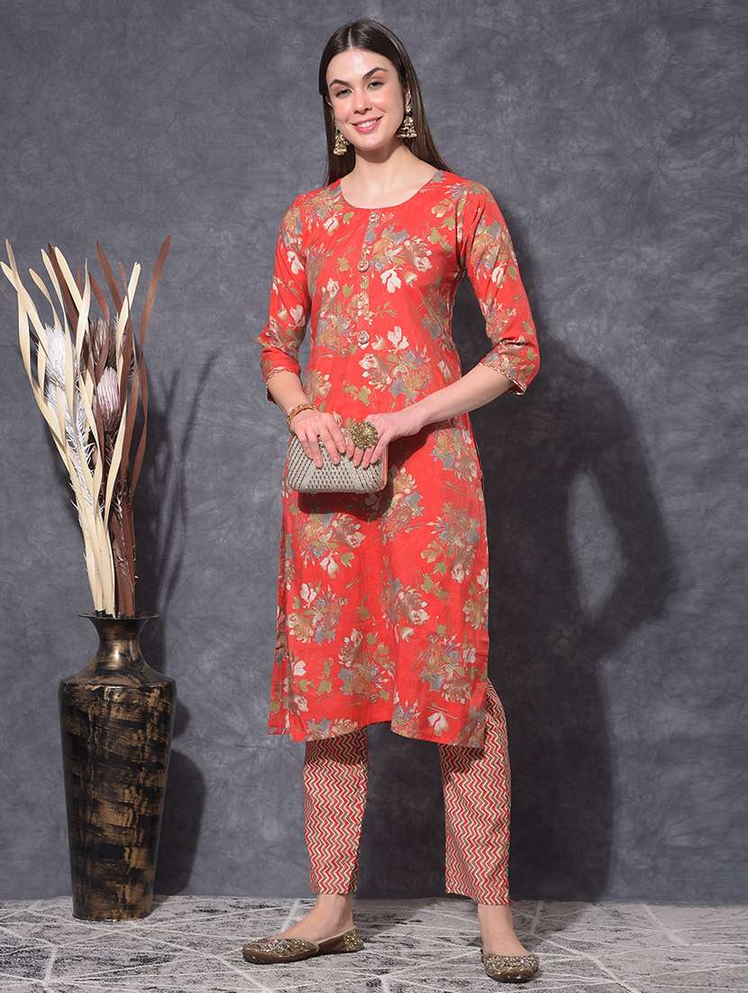 women floral three quarter sleeve kurta pant set - 21627250 - Standard Image - 2