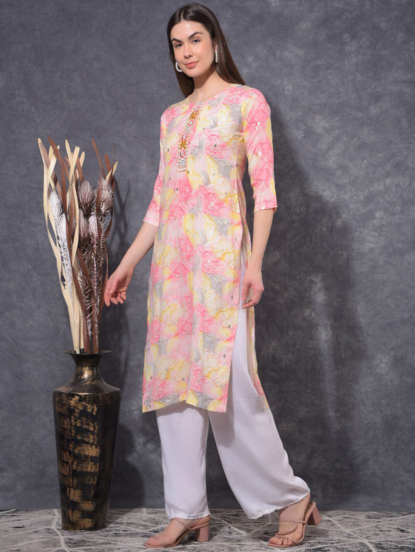 women printed three quarter sleeve straight kurta - 21627290 -  Standard Image - 2