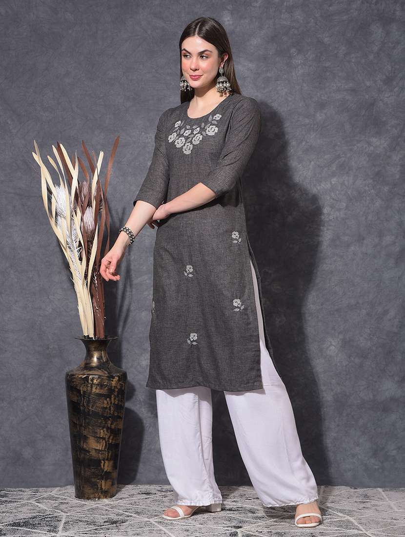 women embroidered three quarter sleeve straight kurta - 21627294 - Standard Image - 2
