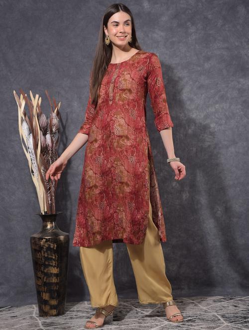 women printed three quarter sleeve straight kurta - 21627298 -  Standard Image - 0