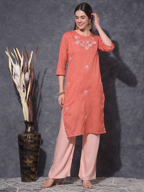 women embroidered three quarter sleeve straight kurta - 21627305 -  Standard Image - 0