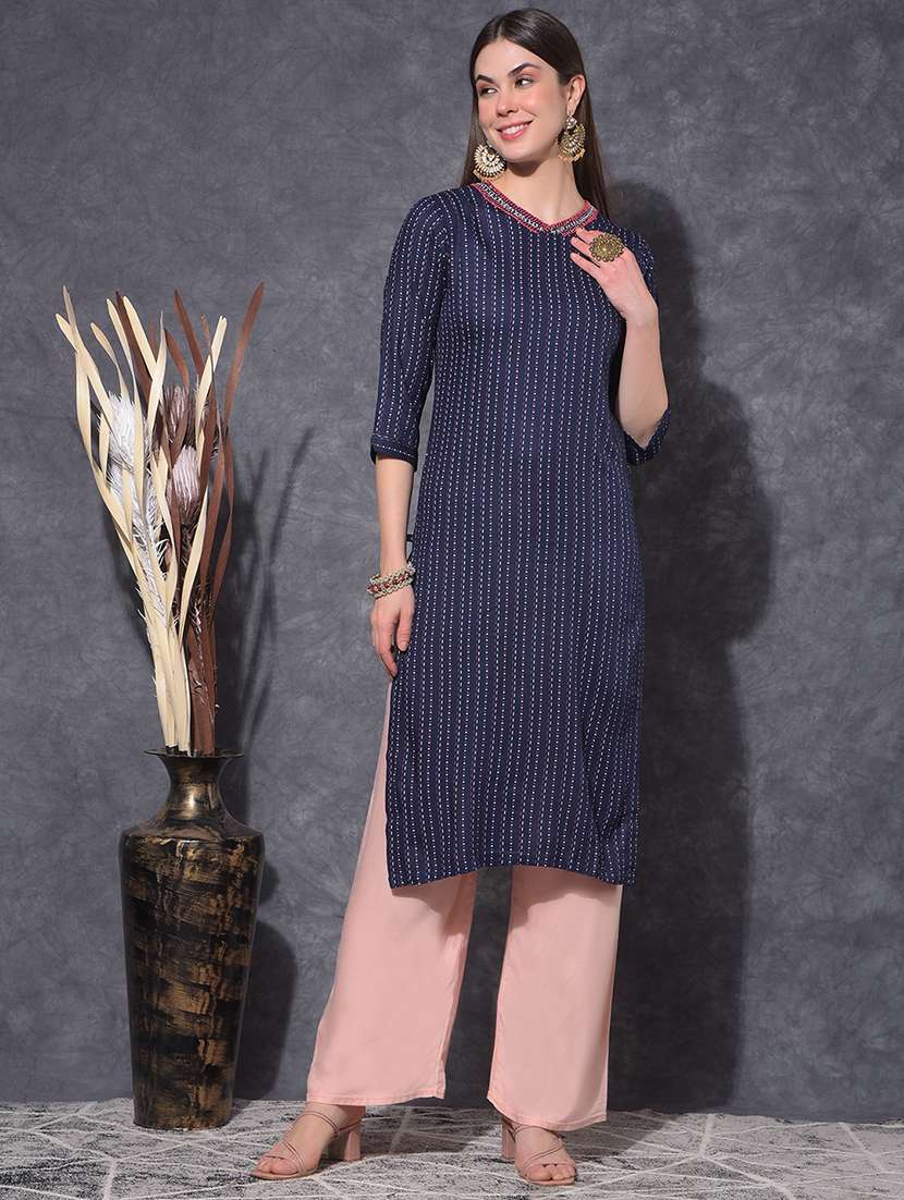 women printed three quarter sleeve staight kurta - 21627306 -  Standard Image - 2