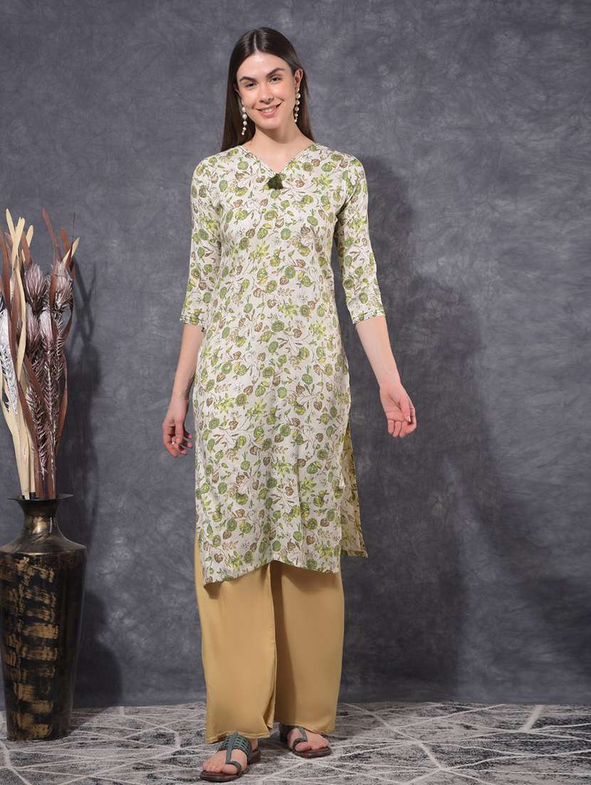 women floral three quarter sleeve straight kurta - 21627338 - Standard Image - 2