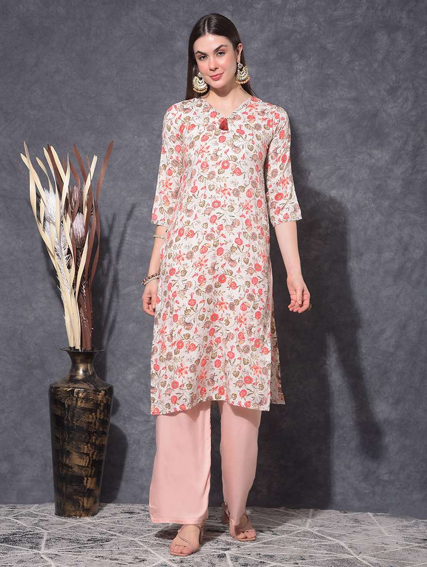 women floral three quarter sleeve straight kurta
