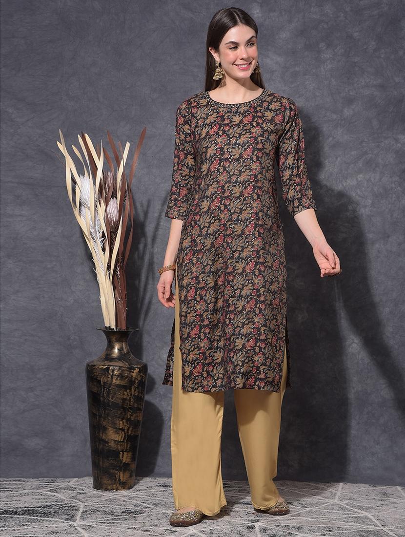 women floral three quarter sleeve straight kurta - 21627346 -  Zoom Image - 0