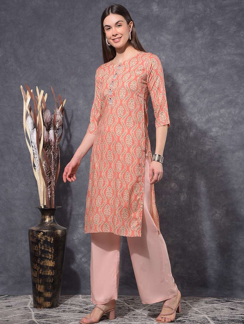 women printed three quarter sleeve straight kurta - 21627359 -  Standard Image - 2