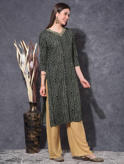 women bandhani three quarter sleeve straight kurta - 21627380 -  Standard Image - 0