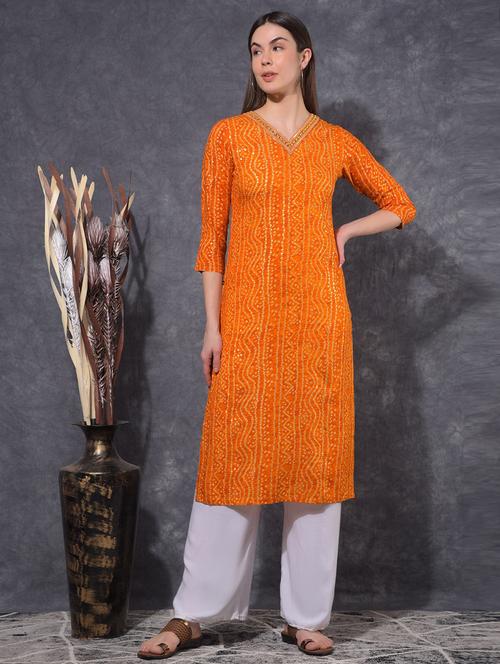 women bandhani three quarter sleeve straight kurta - 21627381 - Standard Image - 0