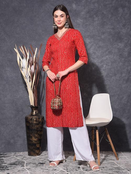 women bandhani three quarter sleeve straight kurta - 21627382 -  Standard Image - 0