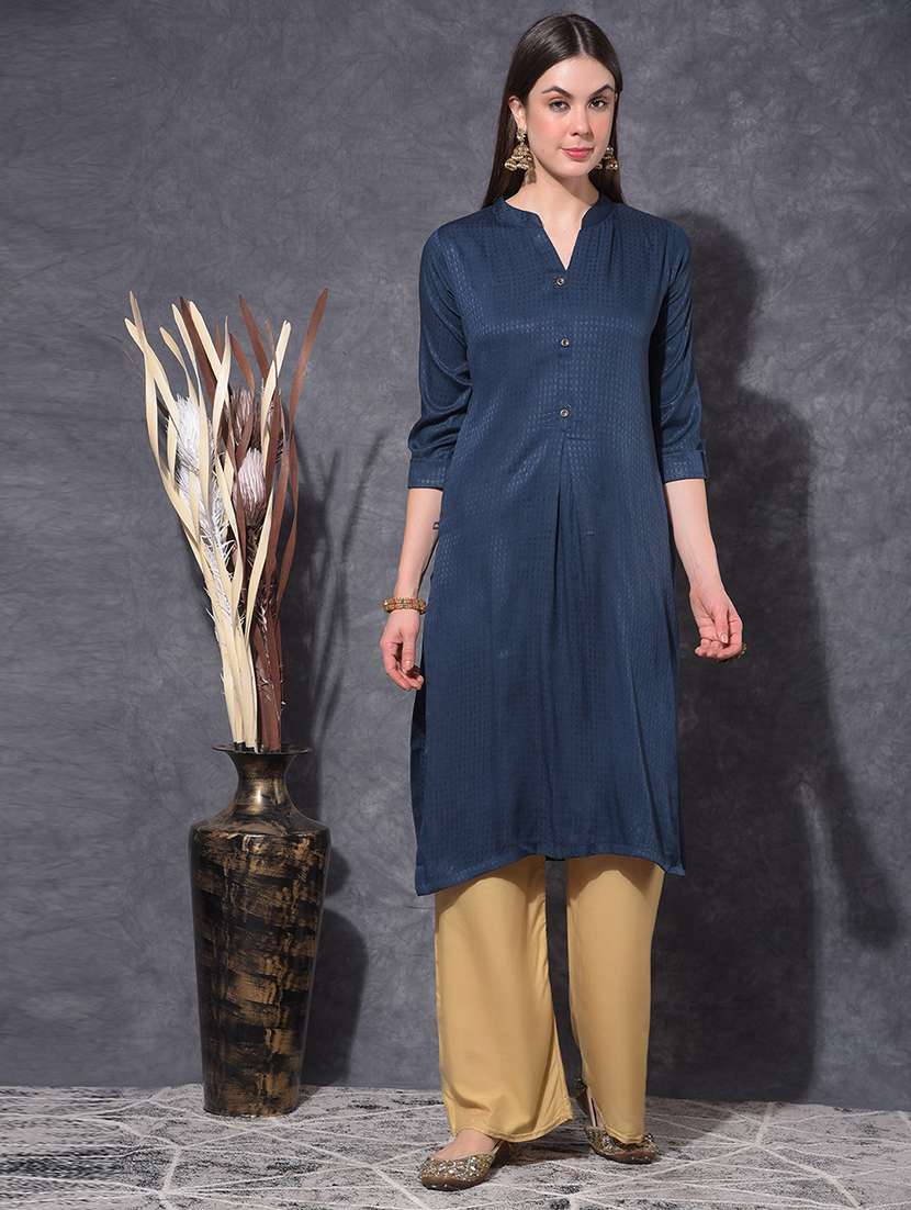 women self design three quarter sleeve straight kurta - 21627389 -  Zoom Image - 0