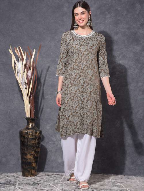 women floral three quarter sleeve straight kurta - 21627402 - Standard Image - 0