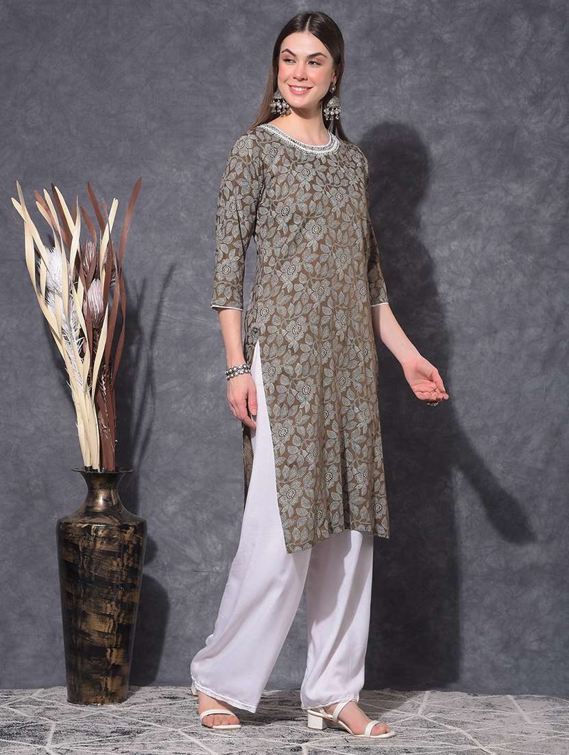 women floral three quarter sleeve straight kurta - 21627402 - Standard Image - 2