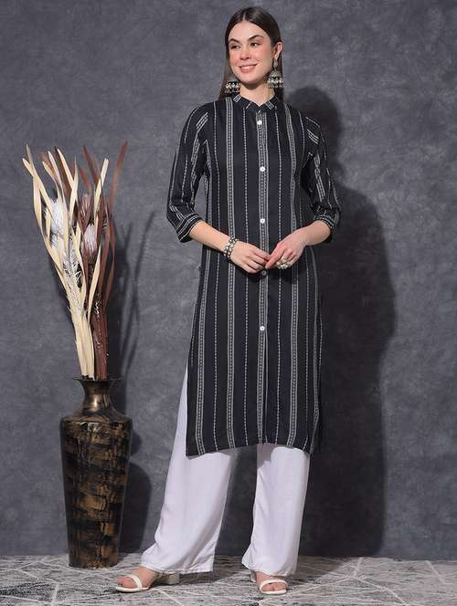 women striped three quarter sleeve front & side both slit kurta - 21627414 - Standard Image - 0