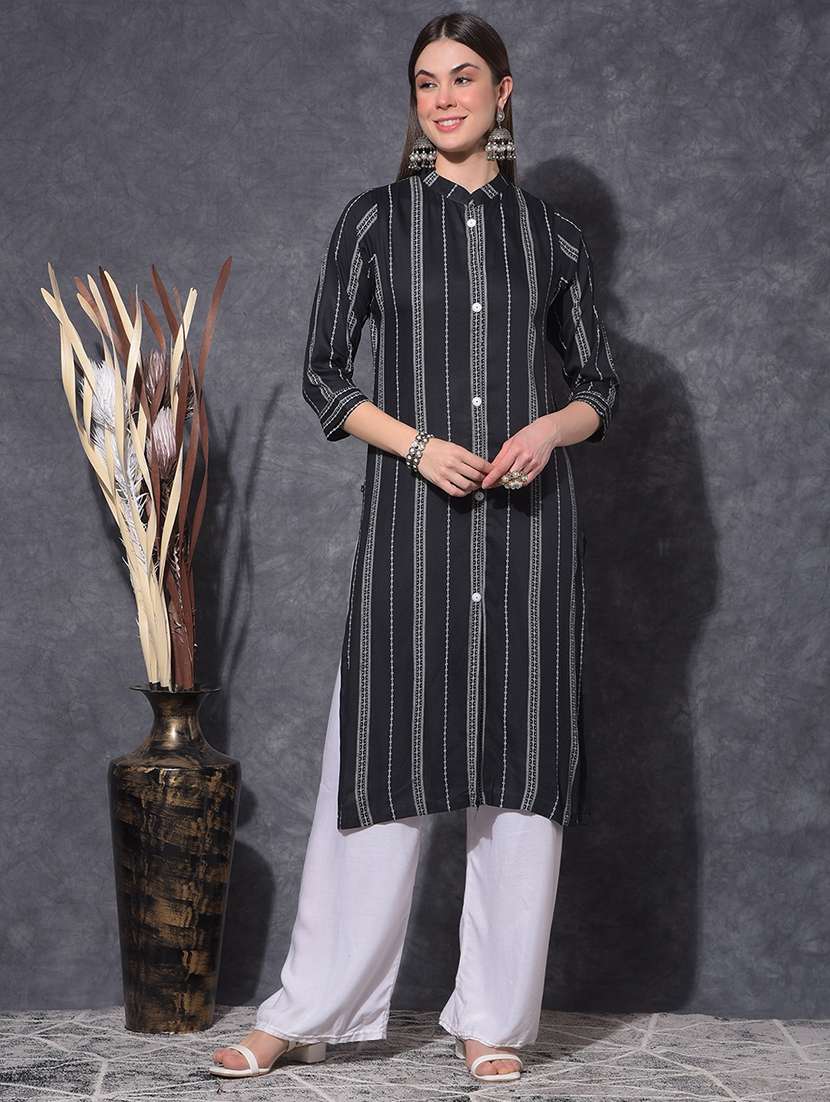 women striped three quarter sleeve front & side both slit kurta - 21627414 - Zoom Image - 0
