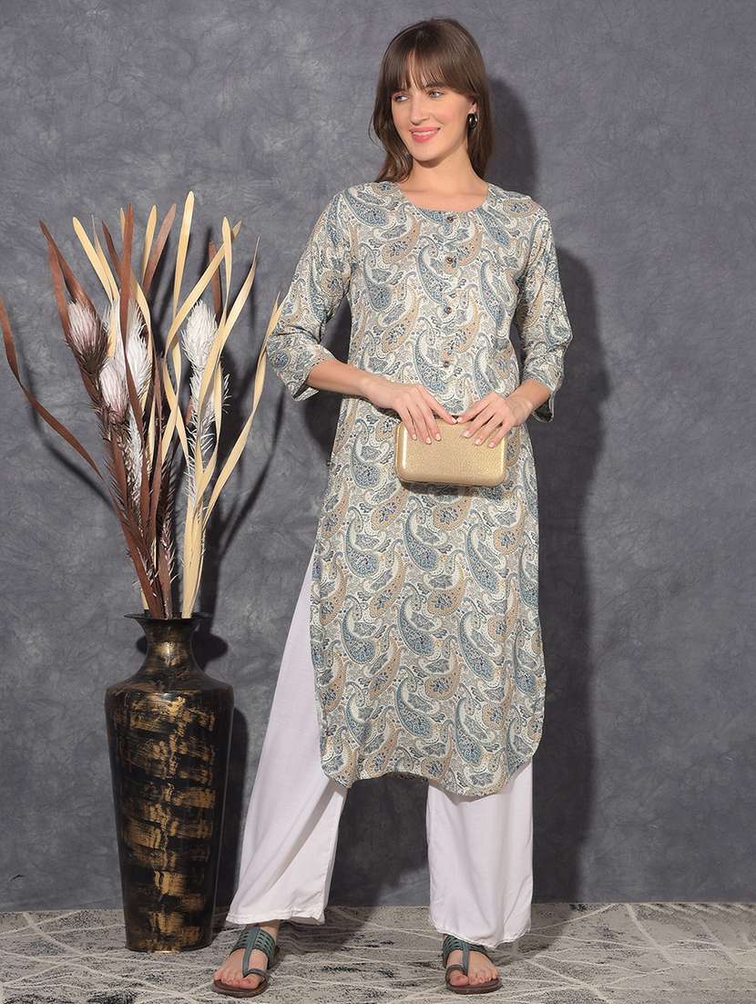 women paisley three quarter sleeve straight kurta - 21627433 -  Standard Image - 2