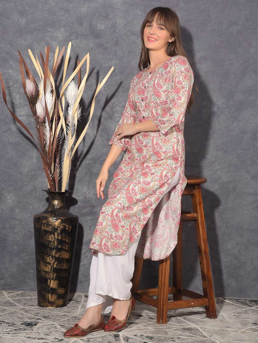 women paisley three quarter sleeve straight kurta - 21627435 -  Standard Image - 2