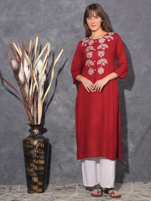 women embroidered three quarter sleeve straight kurta - 21627438 - Standard Image - 0