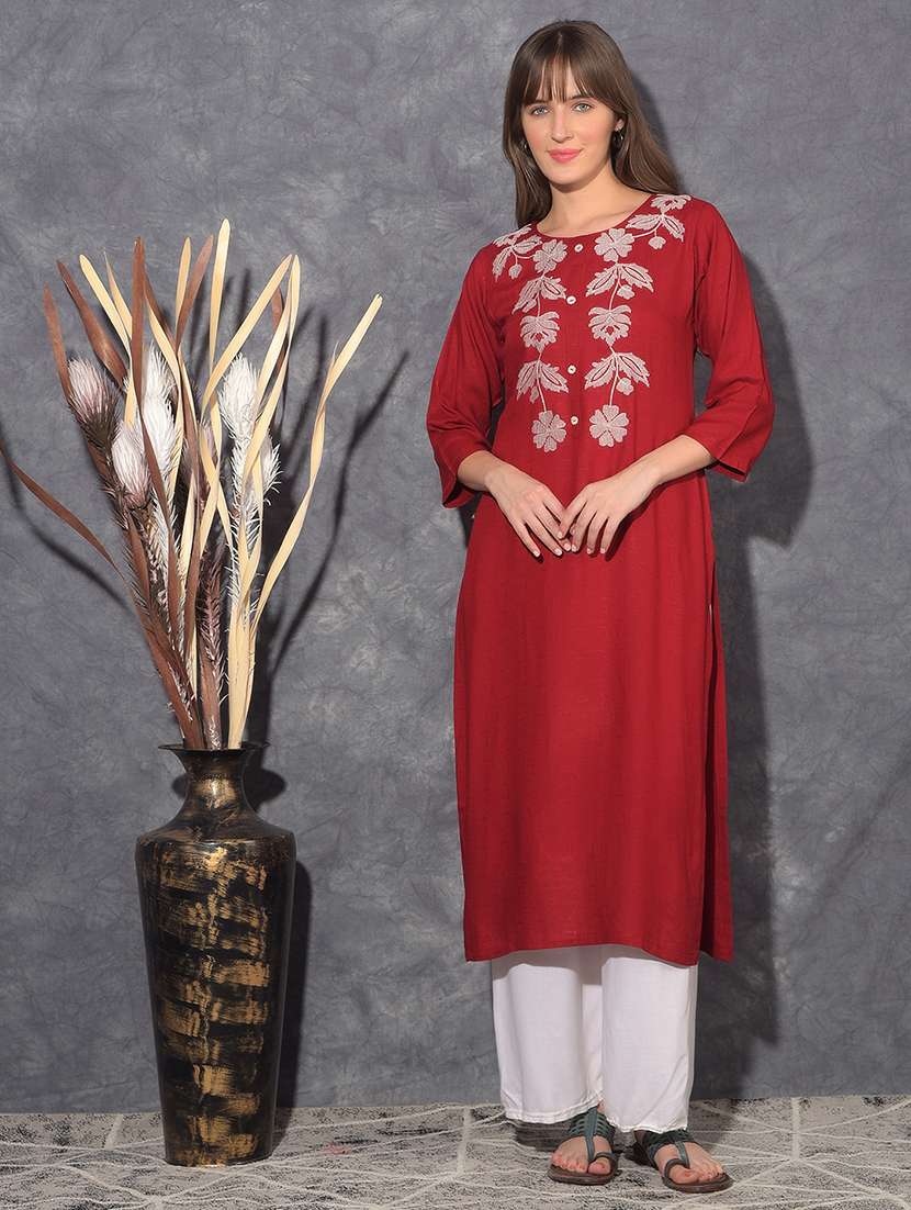women embroidered three quarter sleeve straight kurta - 21627438 - Zoom Image - 0